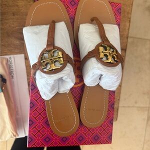 Tory Burch Mini Miller Leather Thong Sandals Brown Vintage Vachetta Size 8.5